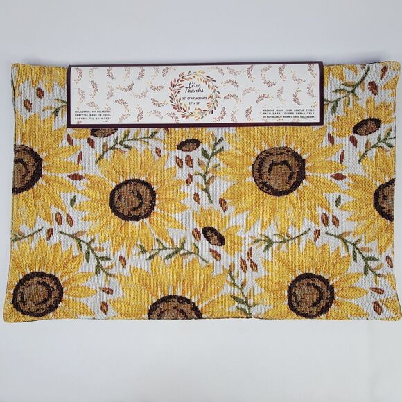 Set of 4 Yellow Sunflowers Tapestry Placemats Cotton Poly Brown Back 13" x 19" - Picture 1 of 13